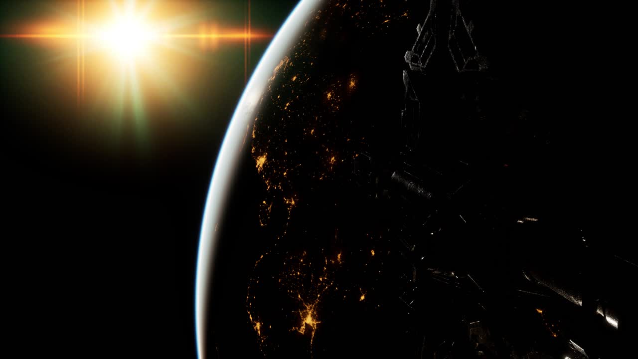 떠오르는 태양의 배경에 우주 정거장의 비행