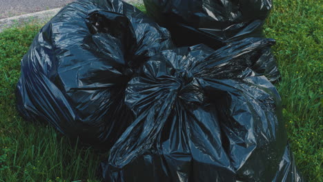 pile of black, plastic garbage bags put out on the curb for collection