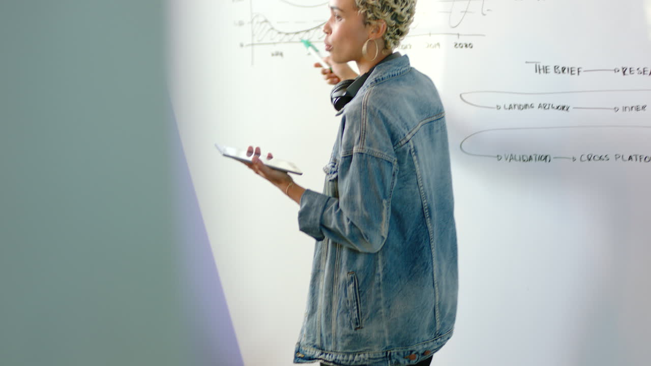 mujer altavoz, tableta y pizarra para negocios