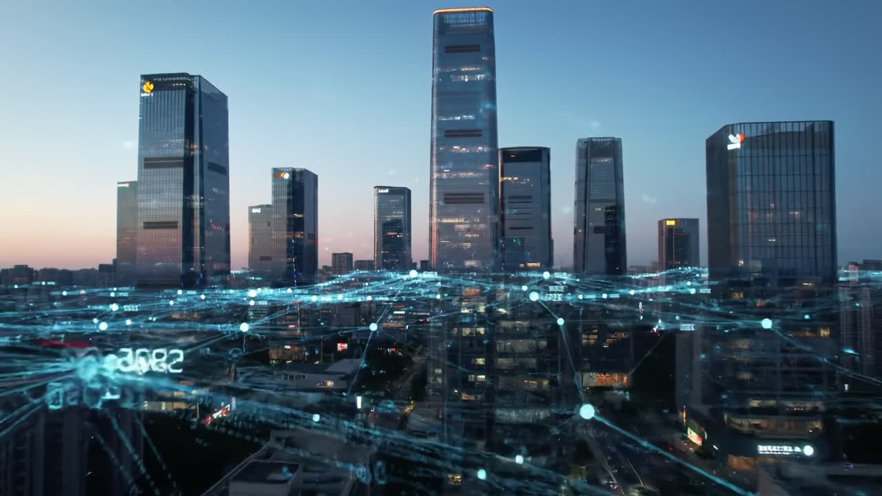 Uma paisagem urbana futurista ao anoitecer, exibindo arranha-céus integrados com tecnologia avançada e redes conectadas que iluminam a paisagem da cidade