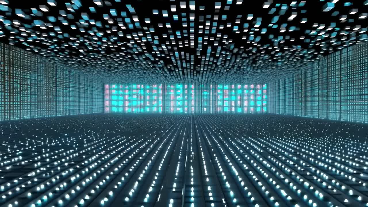 Futuristic digital grid room with glowing blue lights, captured from a low-angle