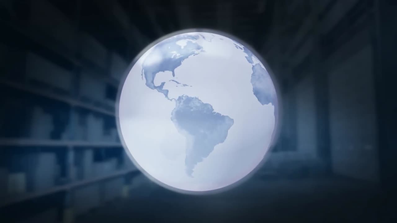 composición digital del globo girando contra el almacén en el fondo