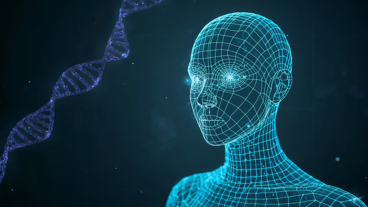 Ojos cian pulsantes de una estructura alámbrica reaccionando mientras una hélice de ADN púrpura entra por la izquierda en un vacío verde azulado, con chispas a la deriva.