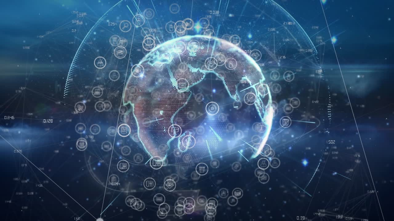 Animation of networks of connections and icons over globe