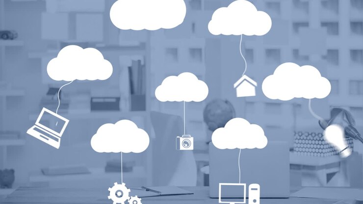 Animation of network of clouds with digital devices over office