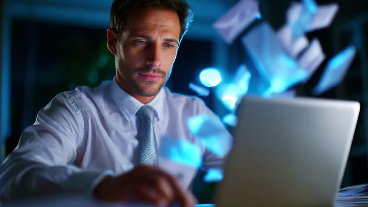 Focused professional working late at night, engaged with a laptop, surrounded by floating digital documents, emphasizing productivity, technology, and modern work atmosphere in a dark environment