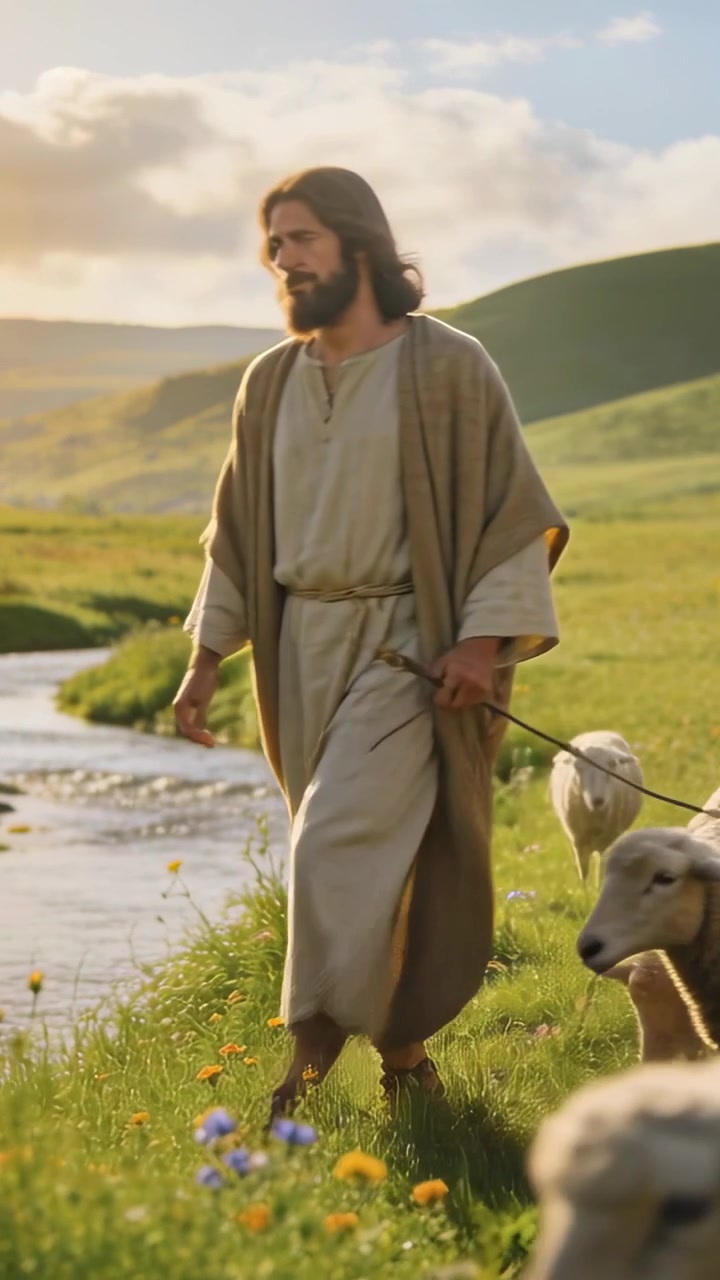 Vertical video: Entering right, shepherd walking bank with staff, guiding flock in robe, copy space