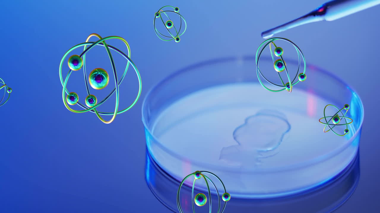 파란색 바탕에 실험실 접시 위에 있는 원자의 애니메이션