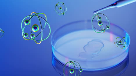 animation of atoms over laboratory dish on blue background