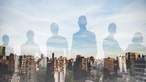 animation of people's blue silhouettes over modern cityscape and clouds on blue sky