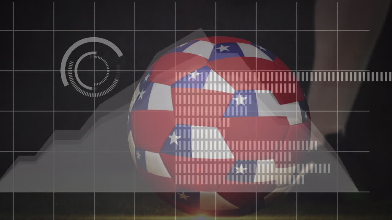 Animation of data processing and football with flag of chile over soccer player kicking