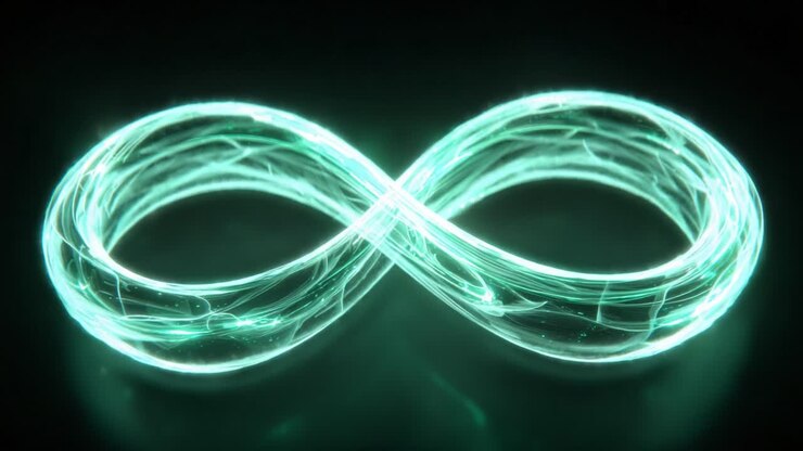 Simbolo dell'infinito turchese che si illumina su una superficie riflettente scura, con particelle di energia e scie luminose che scorrono all'interno, a rappresentare concetti di eternità, tecnologia futura e connessione al metaverso