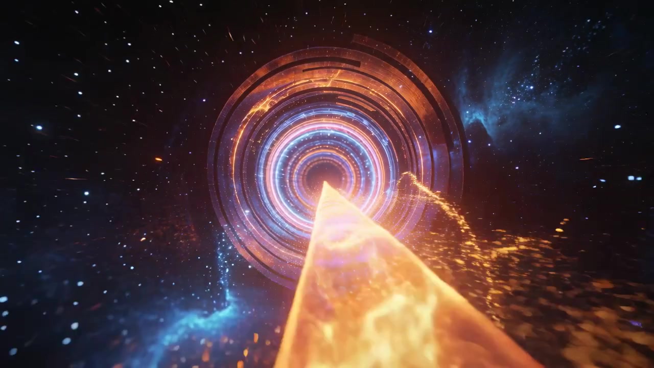 Originating lower-right, orange plasma beam entering ringed portal in deep space, activating core