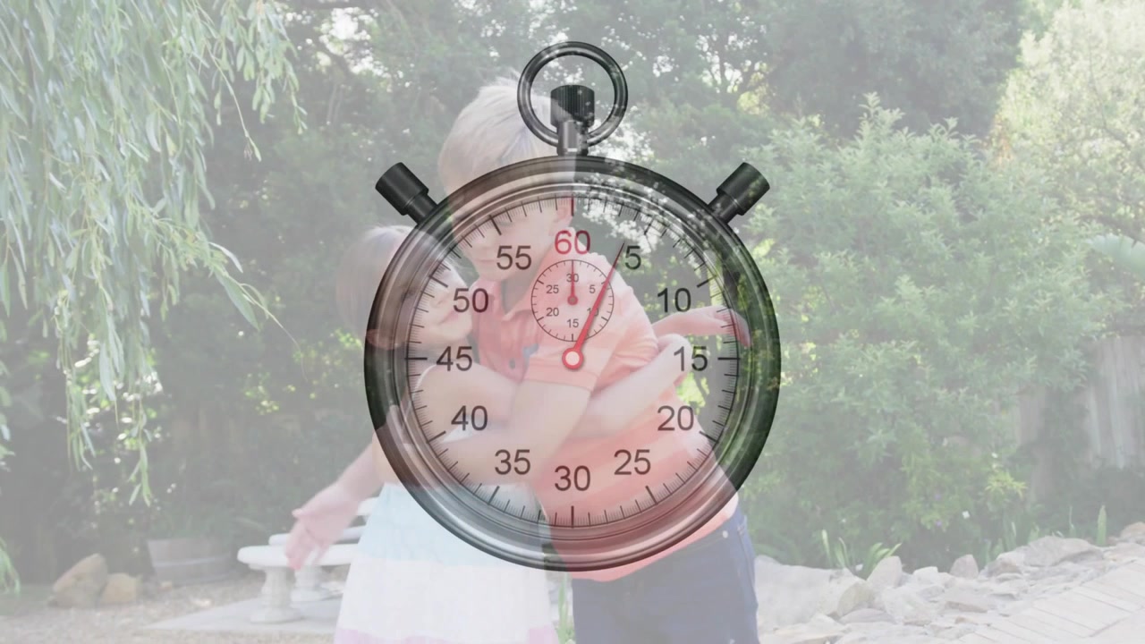 Gadis mengulurkan tangan ke arah saudara laki-laki, berjabat tangan lalu berpelukan dengan overlay stopwatch, bangku di taman