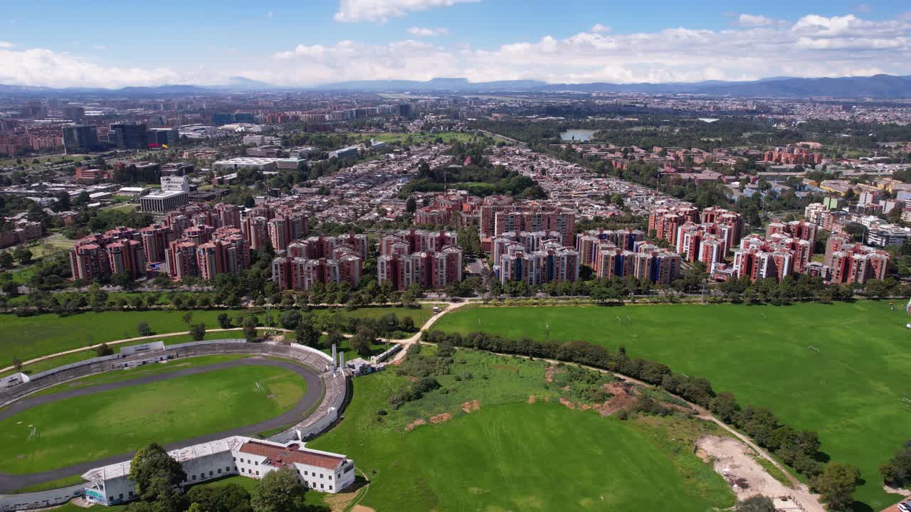 Drone Shot of La Esmeralda Residential Neighborhood in Bogota Colombia. Residential Buildings Complex and Park