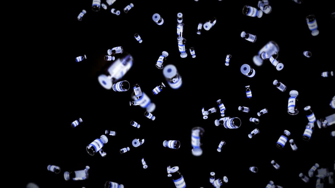 Molte fiale di vaccino che volano su sfondo nero. Concetto medico. Cura del virus. Liquido trasparente. Animazione 3D in loop di vaccini.