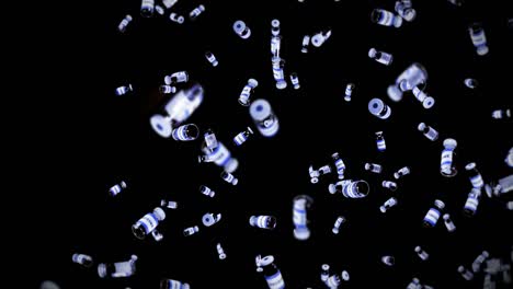 volando muchas botellas de vacunas en fondo negro. concepto médico. cura de virus. líquido transparente. animación de bucle 3d de vacunas.