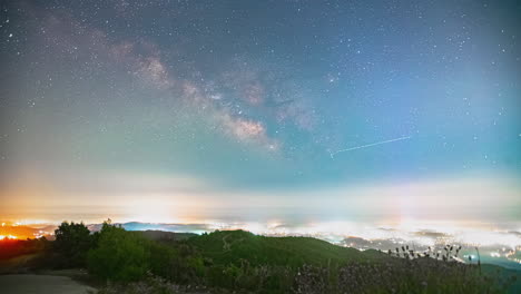 Milky-Way-time-lapse-over-the-glowing-town-of-Limassol,-Cyprus