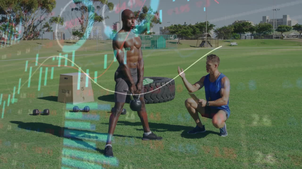 Lifting kettlebell, man outdoors with overlay of fitness data animation