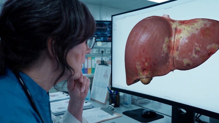 Digital Medical Visualization of a Diseased Human Liver Shown on Monitor