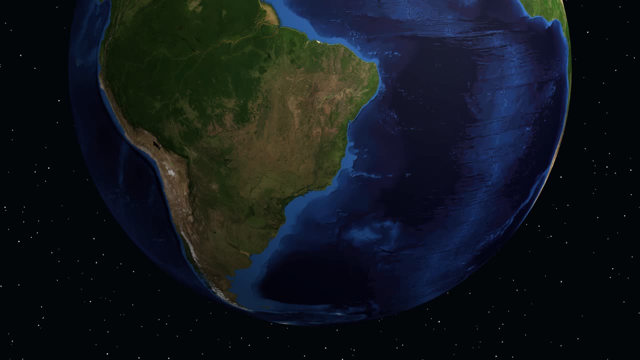 Terra digitale che ruota e zooma sull'America del Sud, evidenziando Posadas con un segnaposto