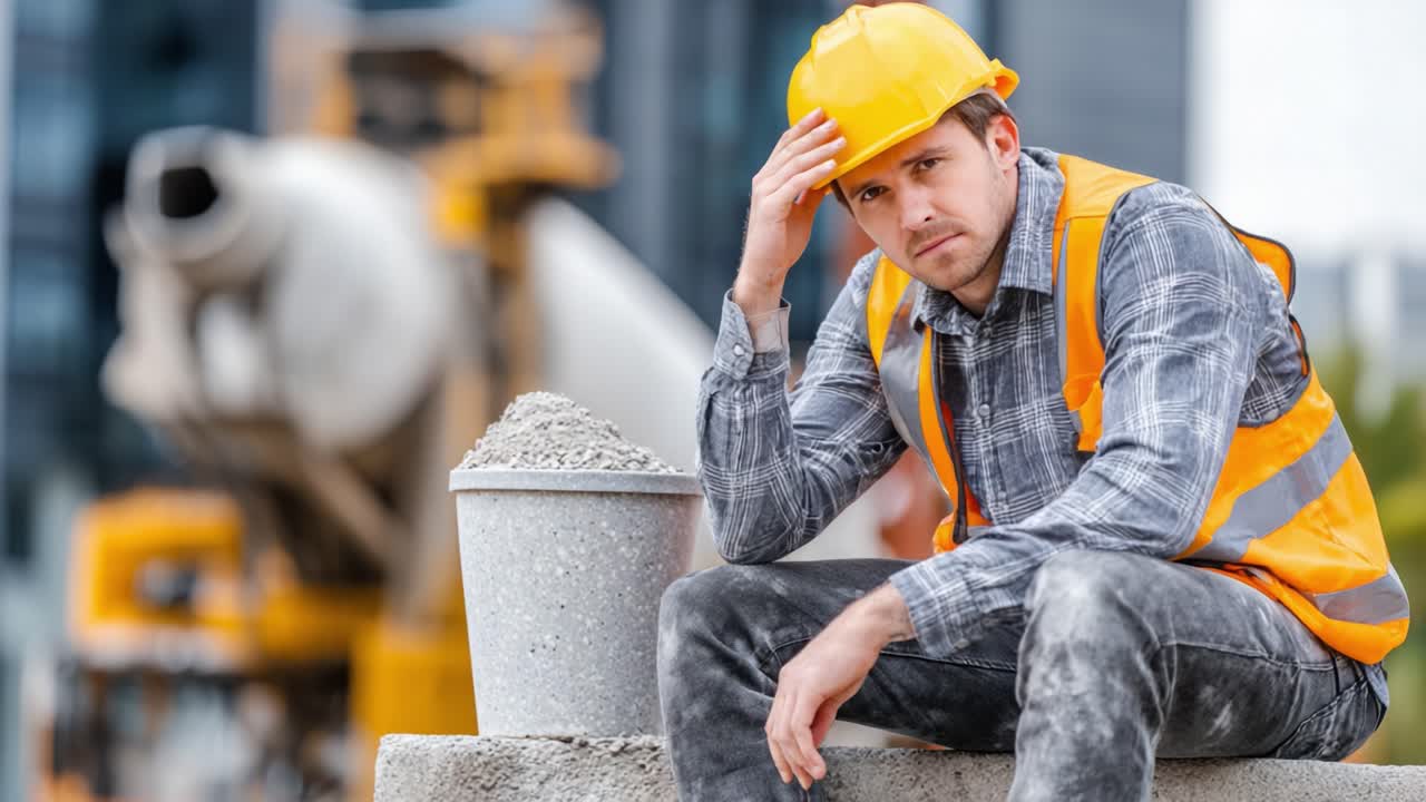 A Construction Worker in a Hard Hat and Safety Vest Looks Frustrated and Overwhelmed While Sitting on a Barrier at a Construction Site with a Concrete Mixer in the Background