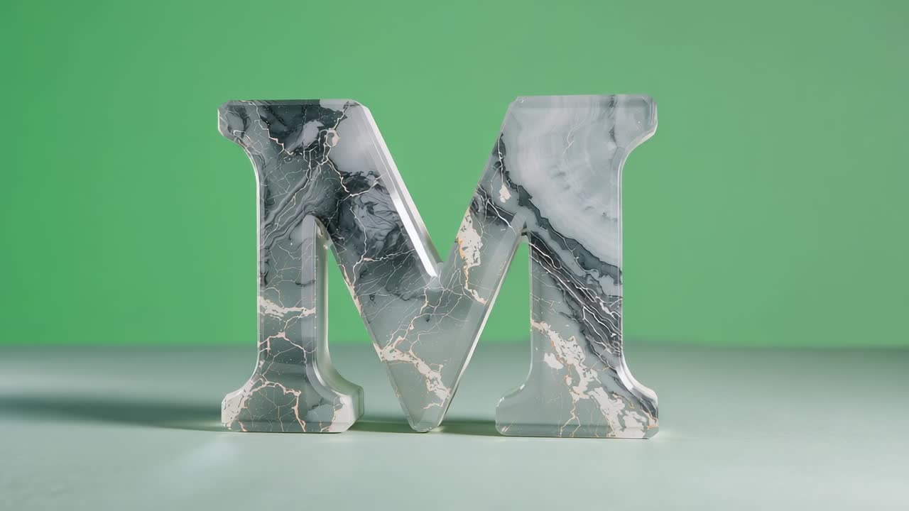 Transitioning backdrop hue intensifying lighting to highlight marble veins on letter M on tabletop