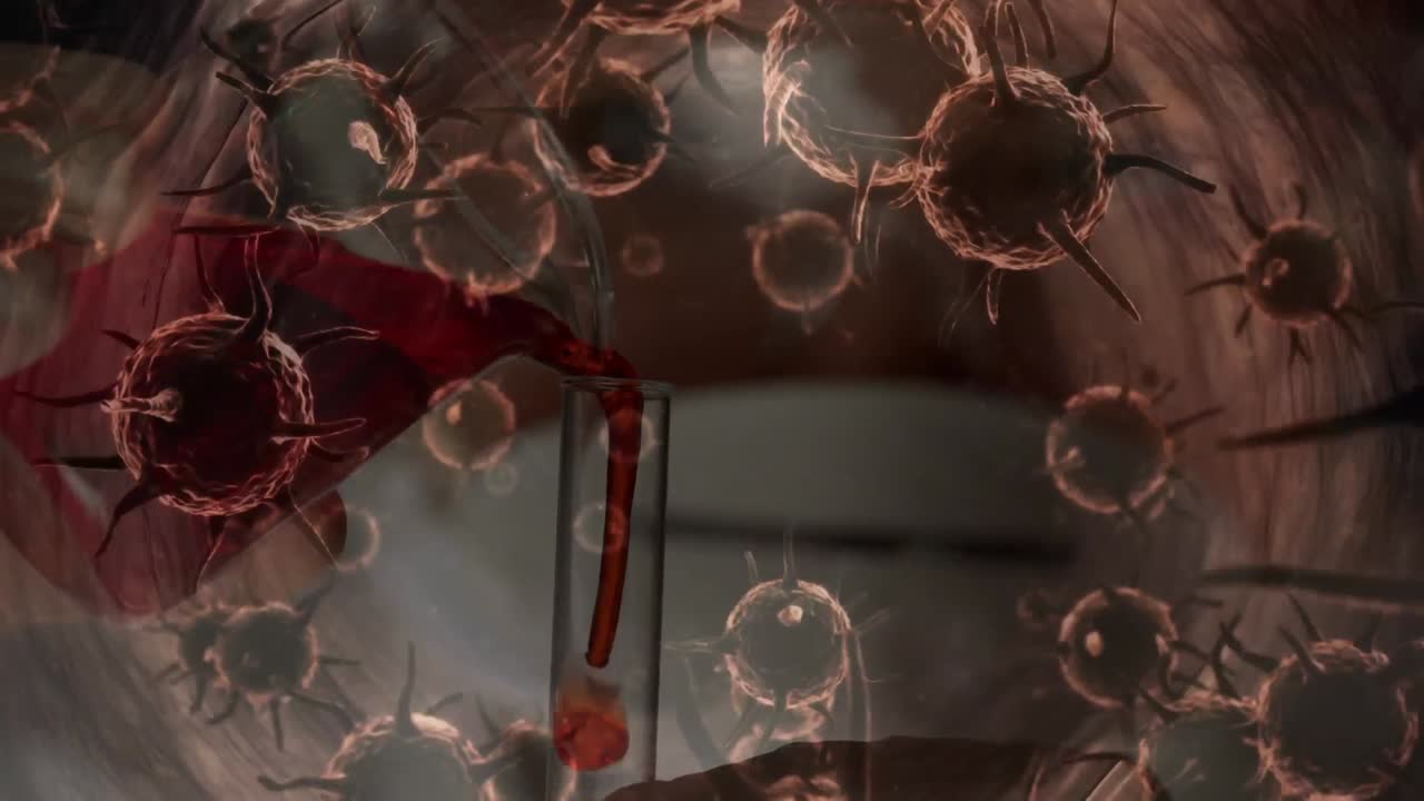 코로나바이러스 코로나19의 확산 애니메이션, 배경에는 의료진이 있습니다.