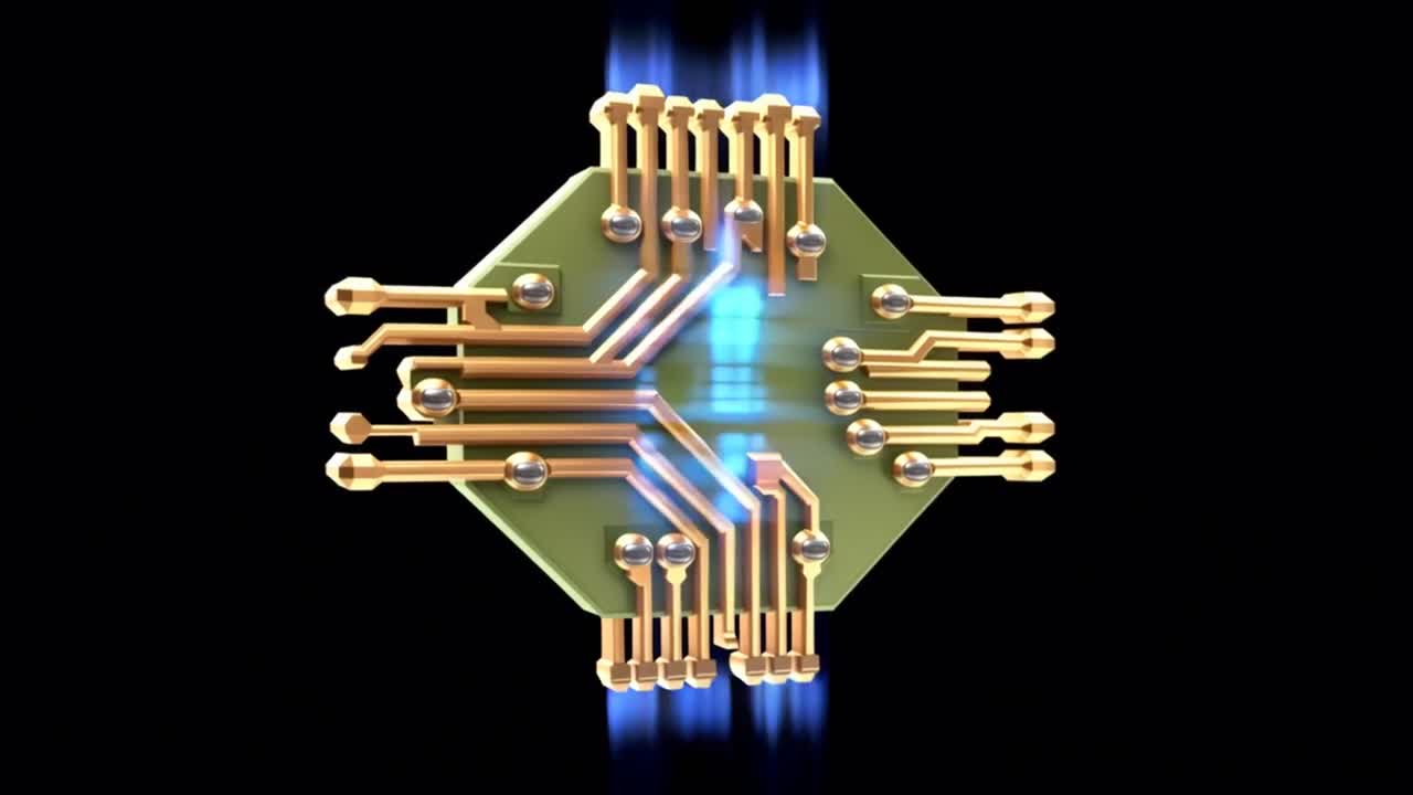 Animated Microchip with Glowing Blue Data Processing
