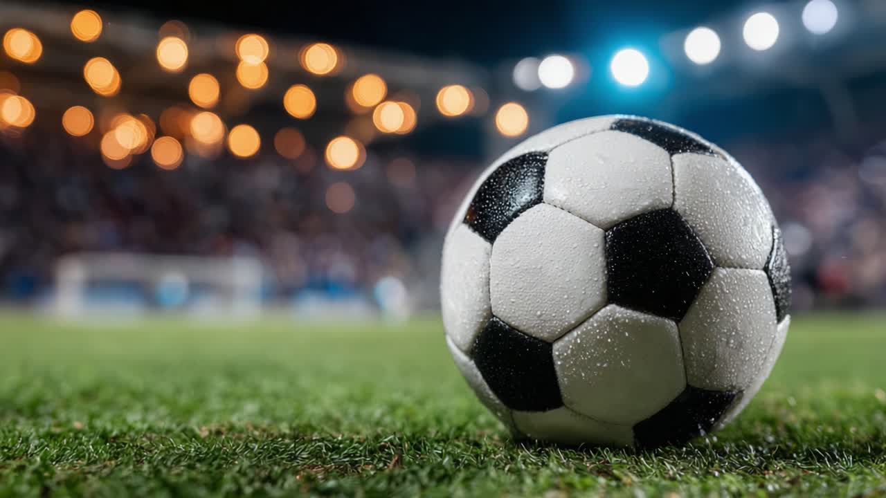 Dinamik Sahne Yakalandı: Parlak Stadyum Işıkları Altında Çimlerin Üzerindeki Bir Futbol Topunun Yakın Çekimi, Oyunun Heyecanını ve Coşkusunu Temsil Ediyor