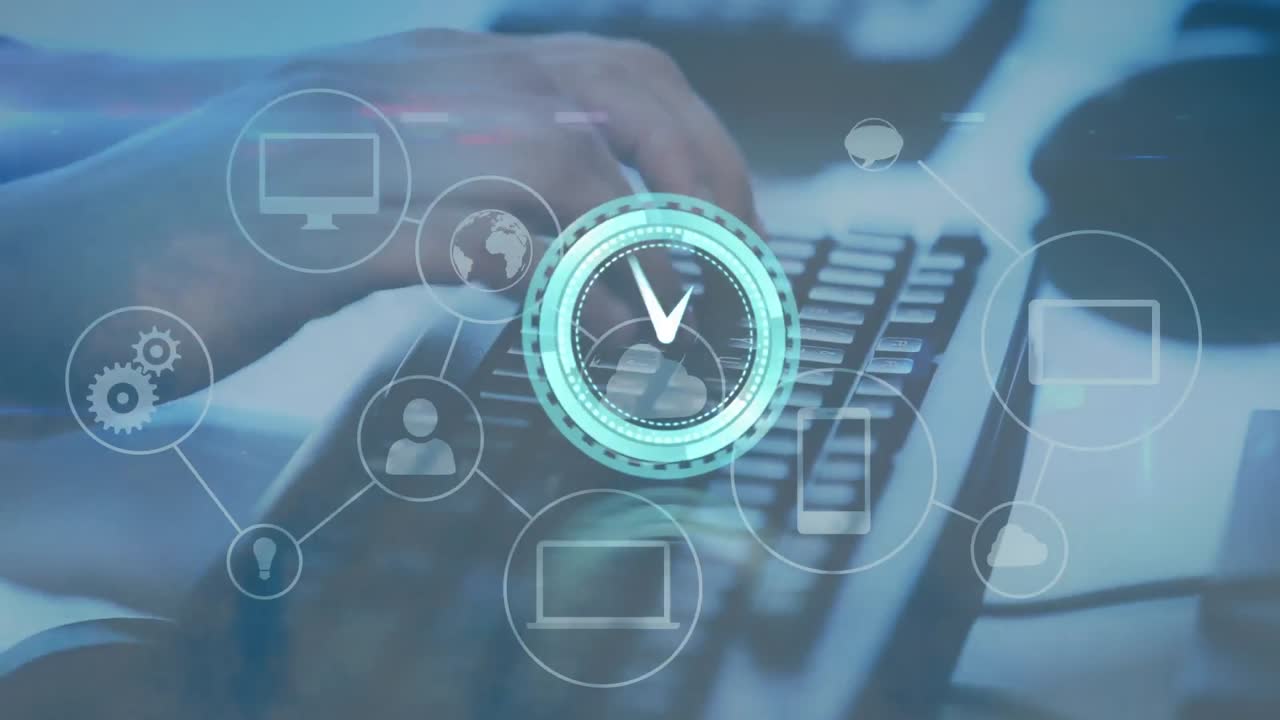 animación de reloj en movimiento y red de conexiones sobre las manos escribiendo en el teclado