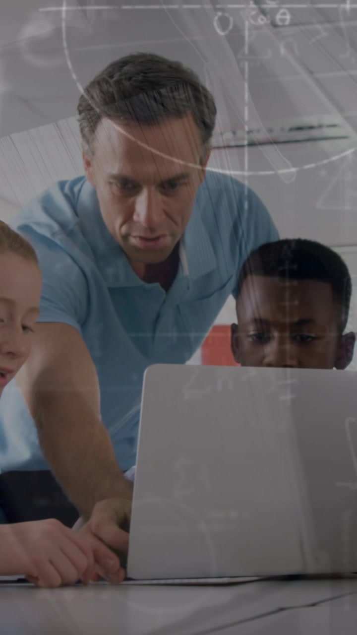 Animation of math formulas moving over diverse male teacher and pupils working on laptop