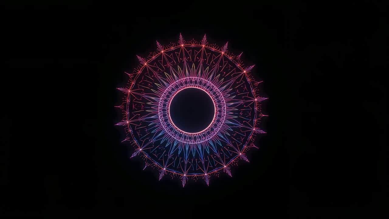 Starting playback revealing neon fractal mandala glowing in black void, emitting hypnotic pattern