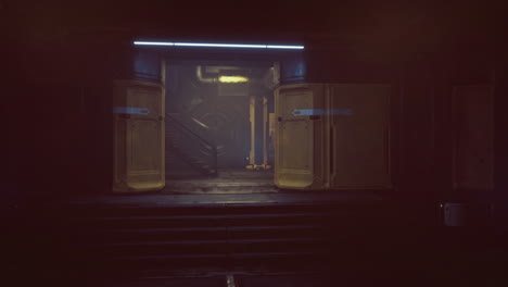 a dimly lit corridor features yellow doors and a staircase leading into shadows
