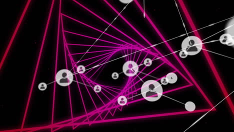 animación digital de una red de iconos de perfil contra un túnel brillante de color rosa neón sobre un fondo negro