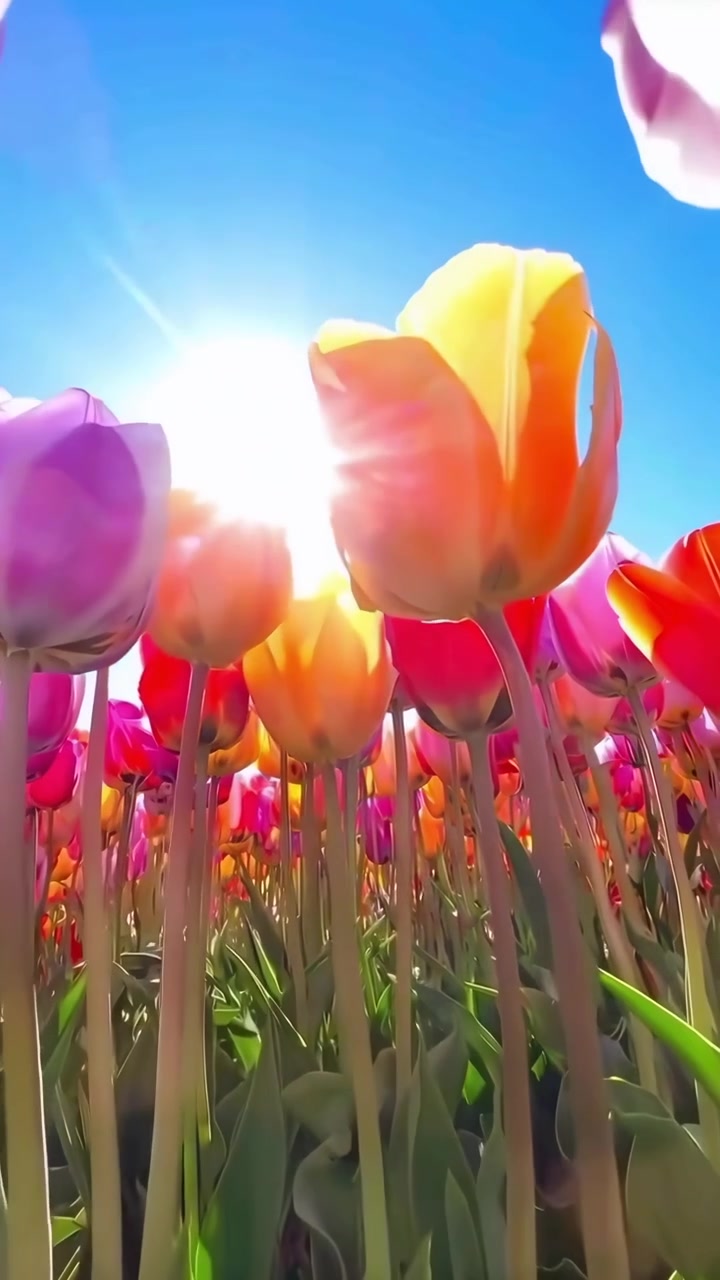 Vista dal basso di tulipani vivaci contro un cielo blu