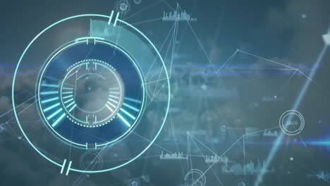 Animation-of-nscope-scanning-and-network-of-connections-on-blue-background