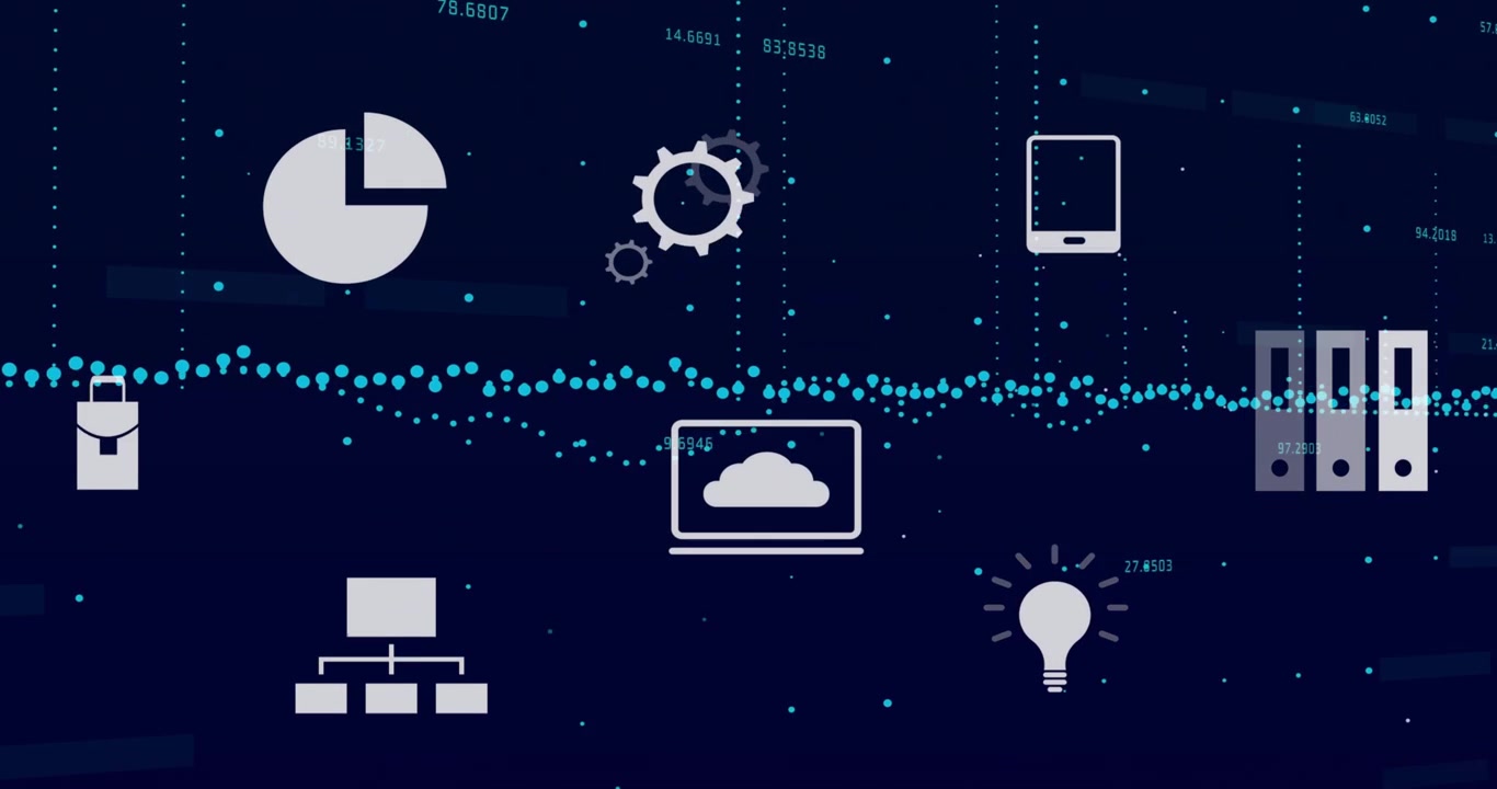 At start row of white icons appearing above pulsing teal data wave to visualize dynamic analytics