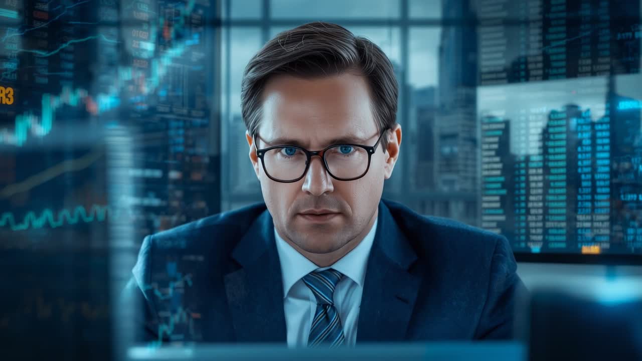 Market update appearing, trader reading data, viewing hologram chart and preparing decision at desk