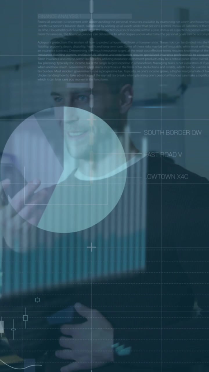 Animation of data processing and graphs over diverse business people at office