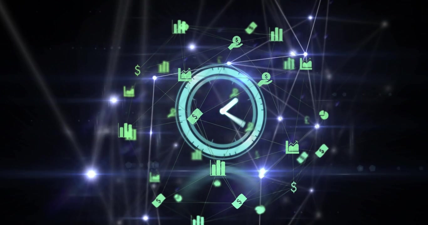 Animation of clock and network of connections over dark background