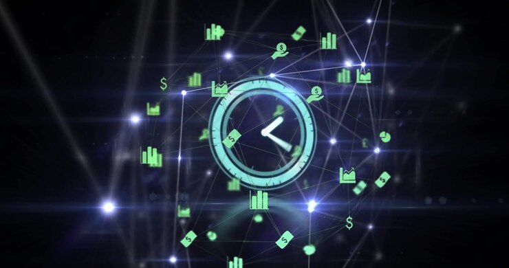 Animation of clock and network of connections over dark background