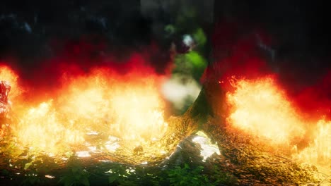 wind blowing on a flaming trees during a forest fire