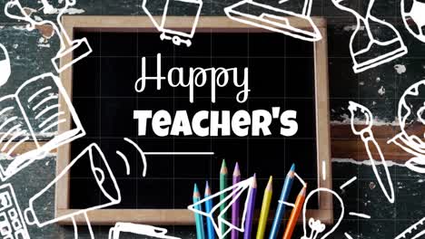 Animation-of-happy-teachers-day-text-over-school-items-icons-and-board