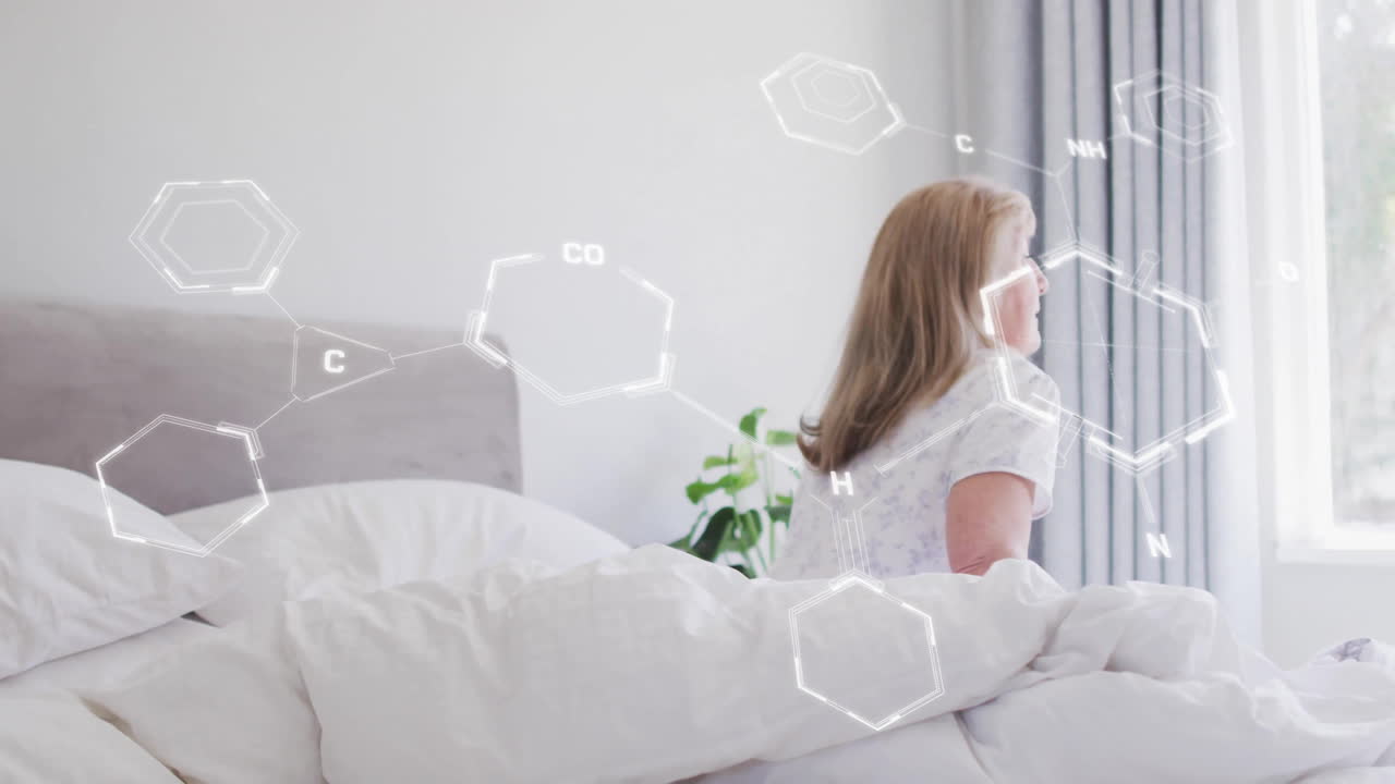 Animation of scientific data processing over caucasian woman in hospital bed