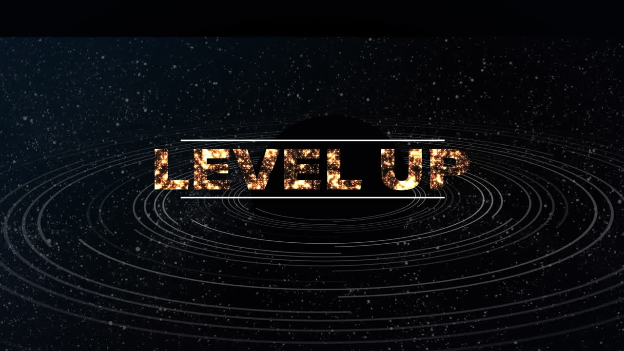 animación de nivel de texto sobre círculos y estrellas.