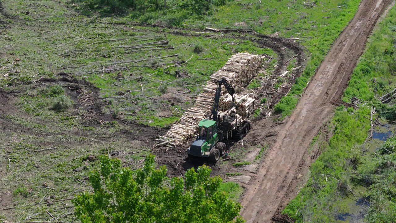 Aerial view of a logging machine operating on deforested land with stacked logs nearby.