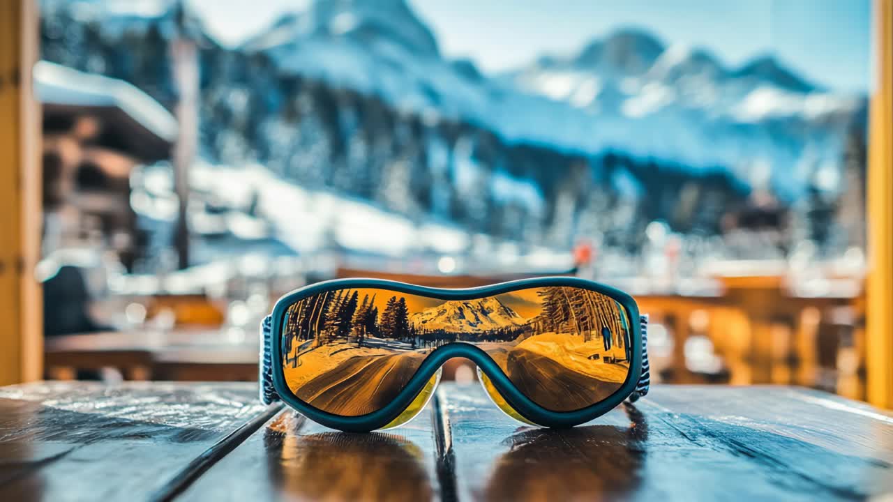 Ski Goggles Reflecting Snowy Mountain Landscape