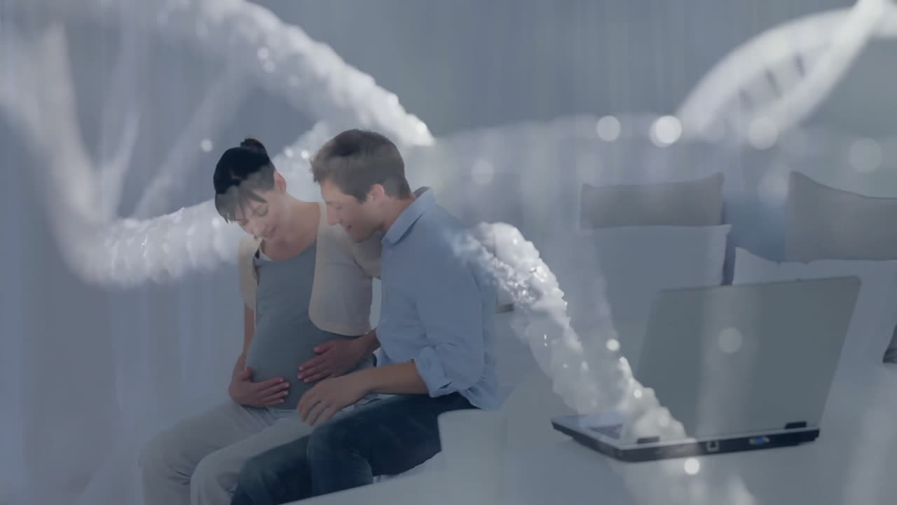 임신 중인 아내를 포옹하는 백인 남성 위의 dna 줄무 애니메이션