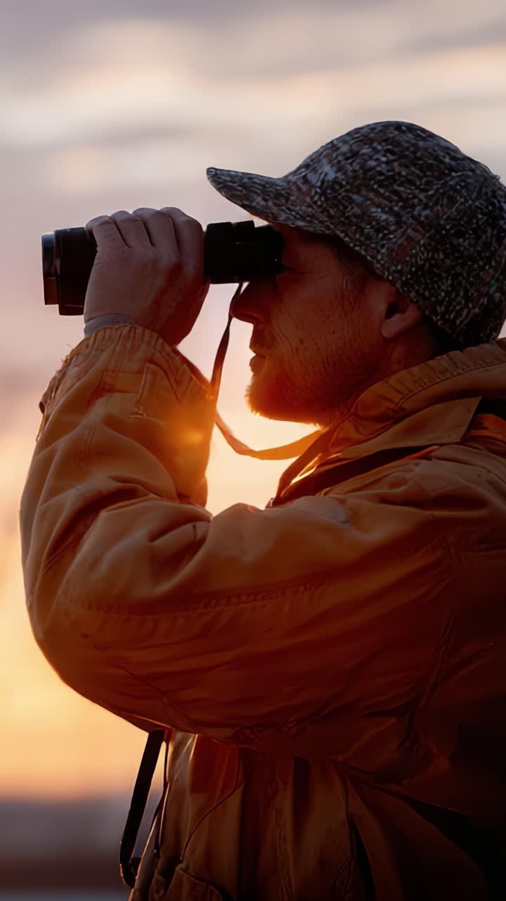 A Man Observing the Distant Horizon Through Binoculars at Sunset, Capturing the Essence of Nature and Exploration in a Serene Evening Environment